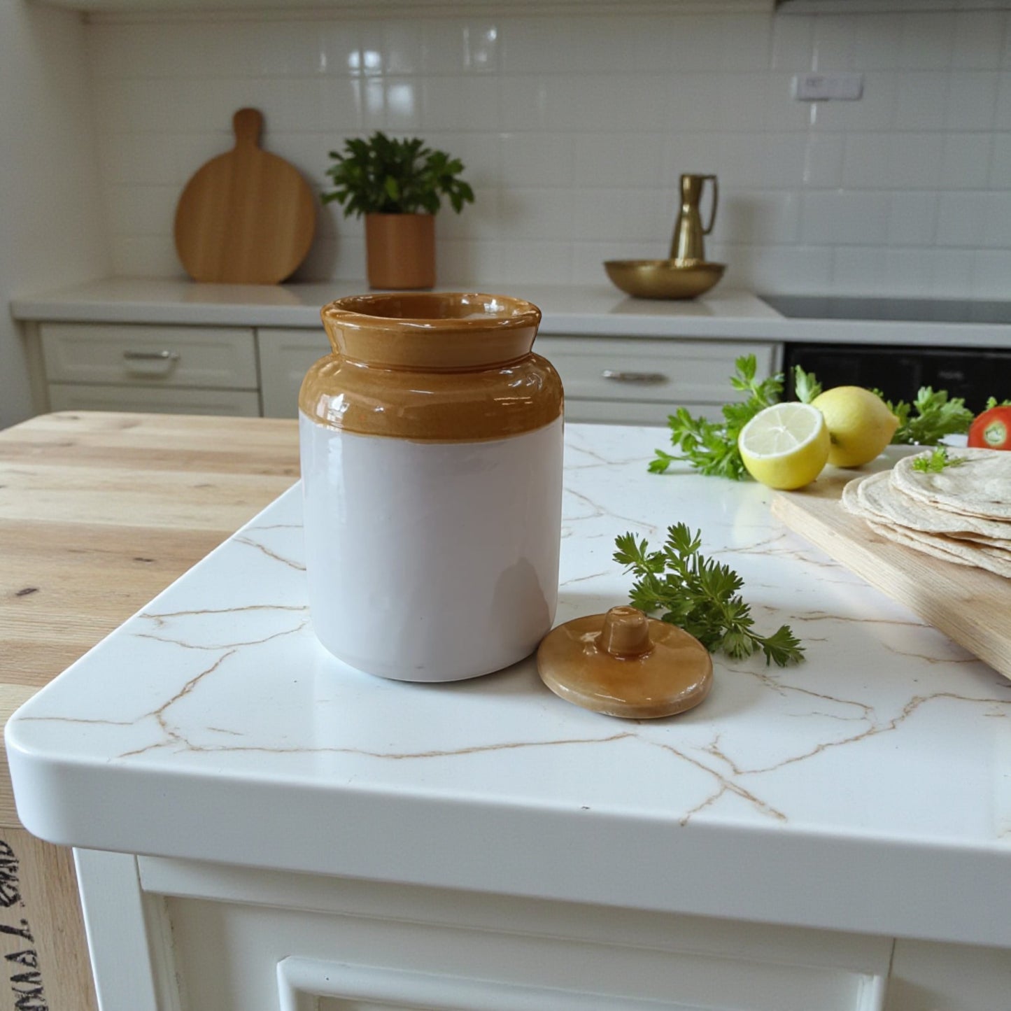 Rustic Charm Ceramic Pickle Jar with Lid – Dual Tone Brown & White 1000 ML