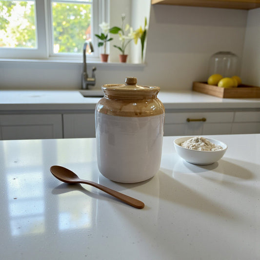 White ceramic jar with a wooden lid on a kitchen counter, accompanied by a wooden spoon and a small bowl of content.