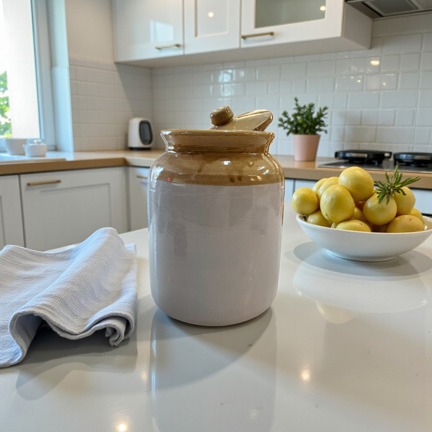 Rustic Charm Ceramic Pickle Jar with Lid – Dual Tone Brown & White 1900ML