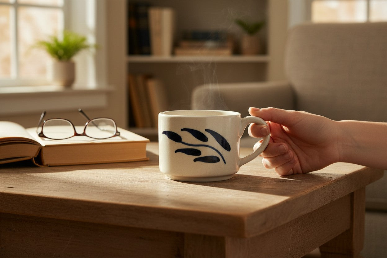 Person holding a mug with a leaf design on a wooden table in a cozy living room.