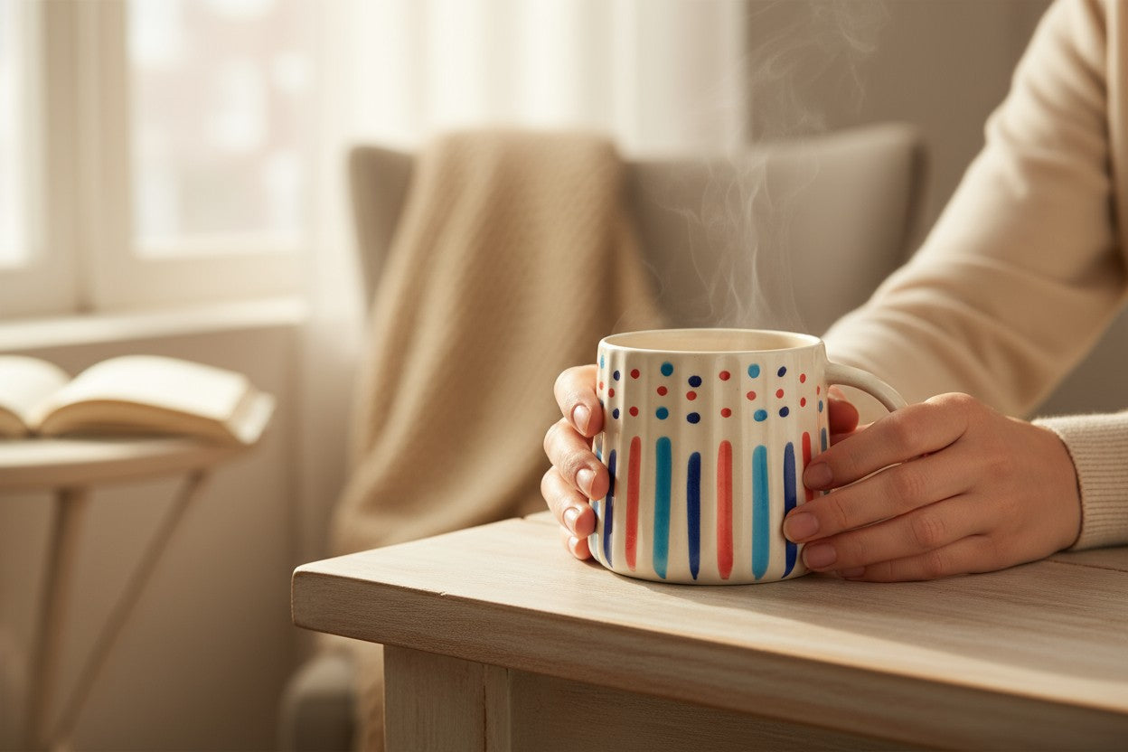 Person holding a steaming mug with colorful patterns on a wooden table, with a blurred background of a cozy room.