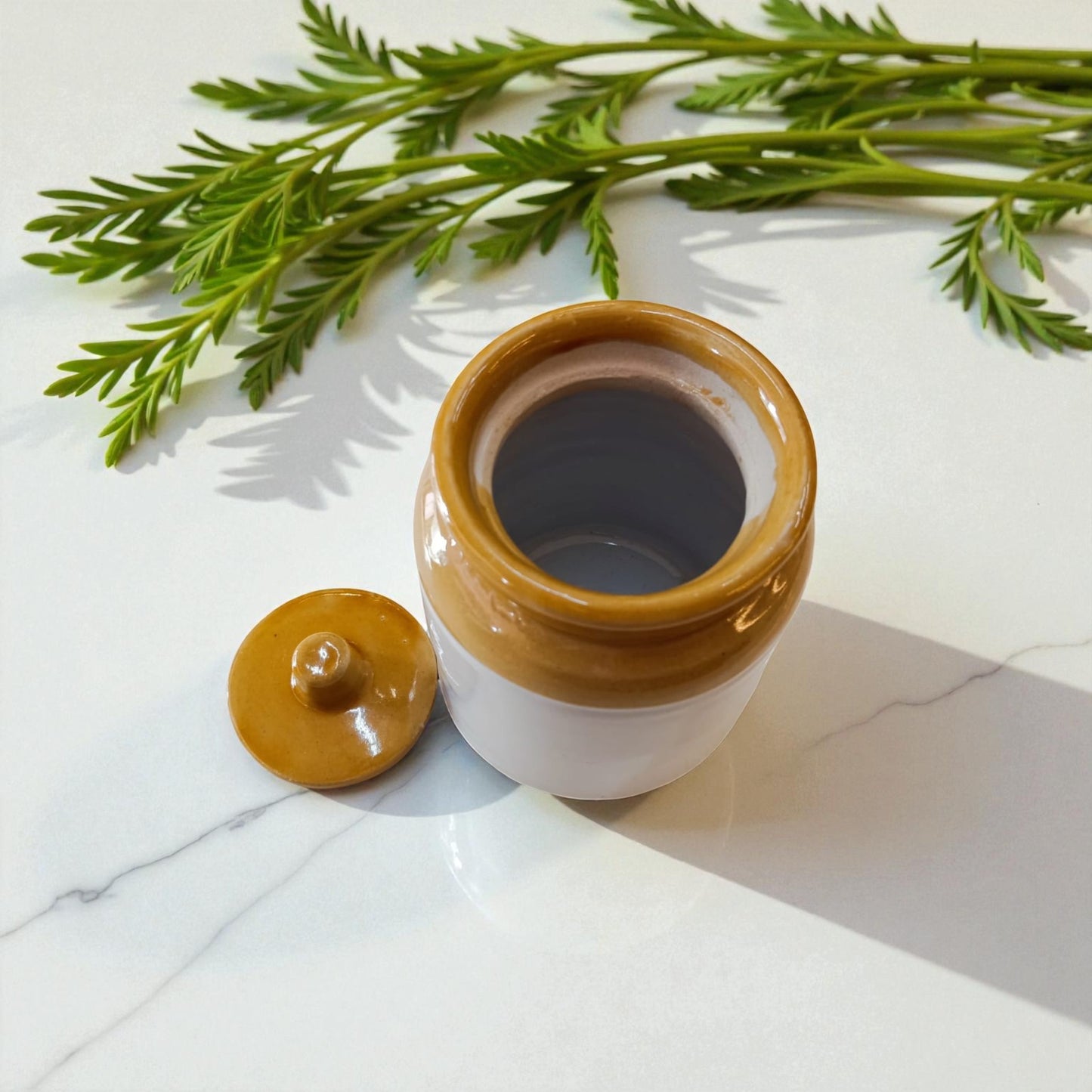Small white jar with a brown lid on a marble surface with green leaves in the background