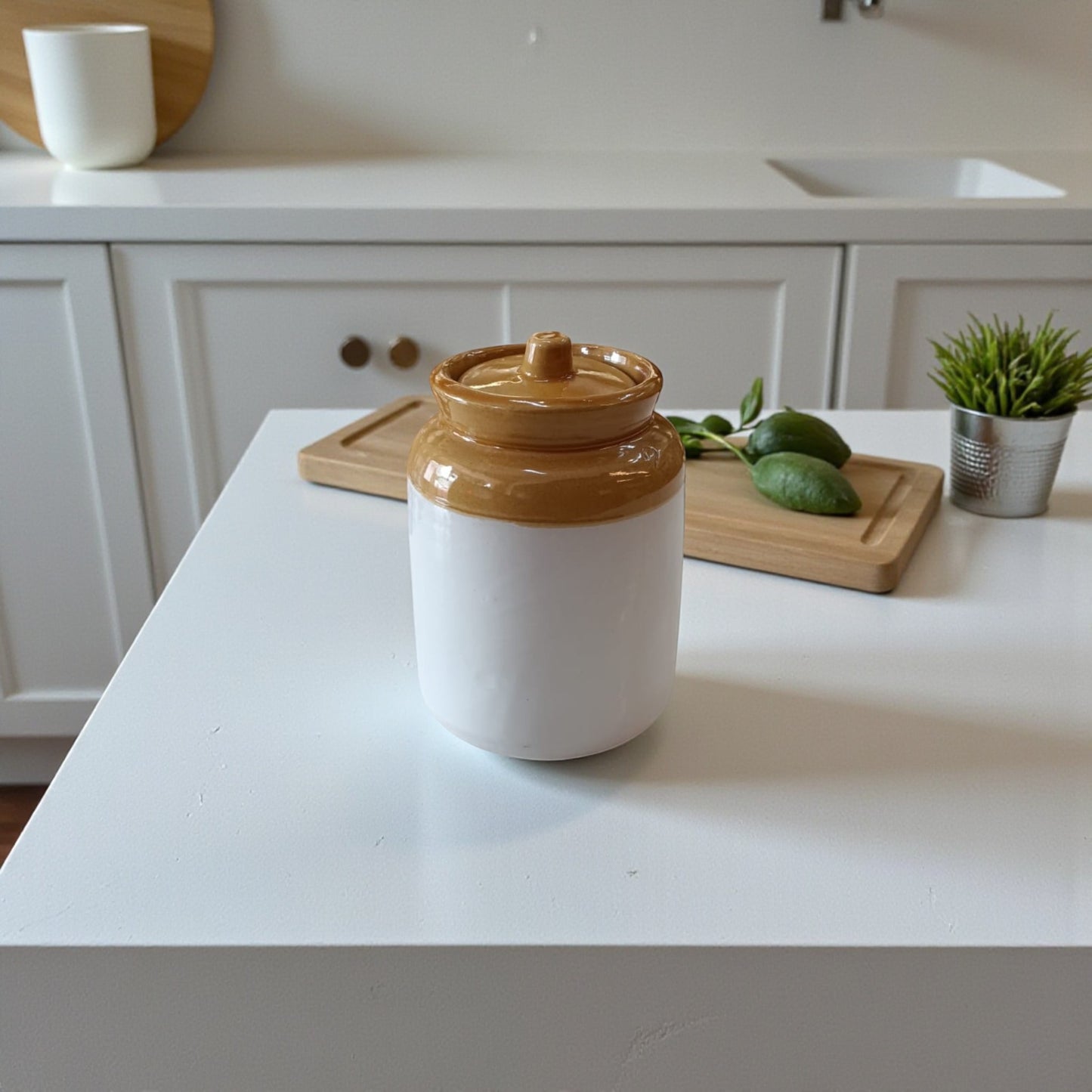 Rustic Charm Ceramic Pickle Jar with Lid – Dual Tone Brown & White 1000 ML