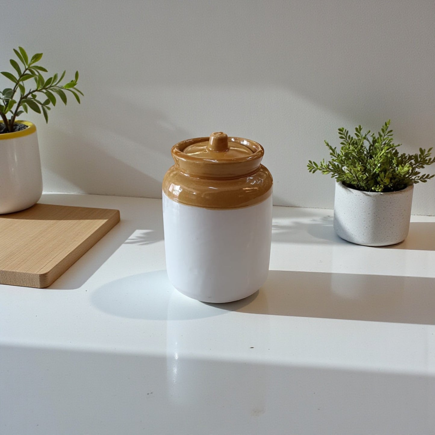 Rustic Charm Ceramic Pickle Jar with Lid – Dual Tone Brown & White 1000 ML