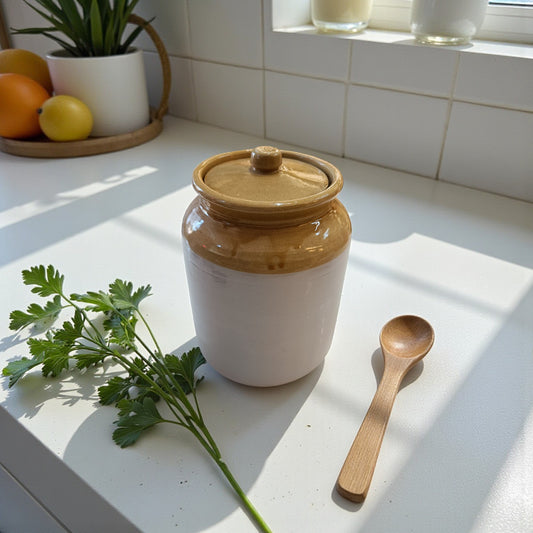 White ceramic jar with a wooden lid on a kitchen counter with parsley and a wooden spoon.