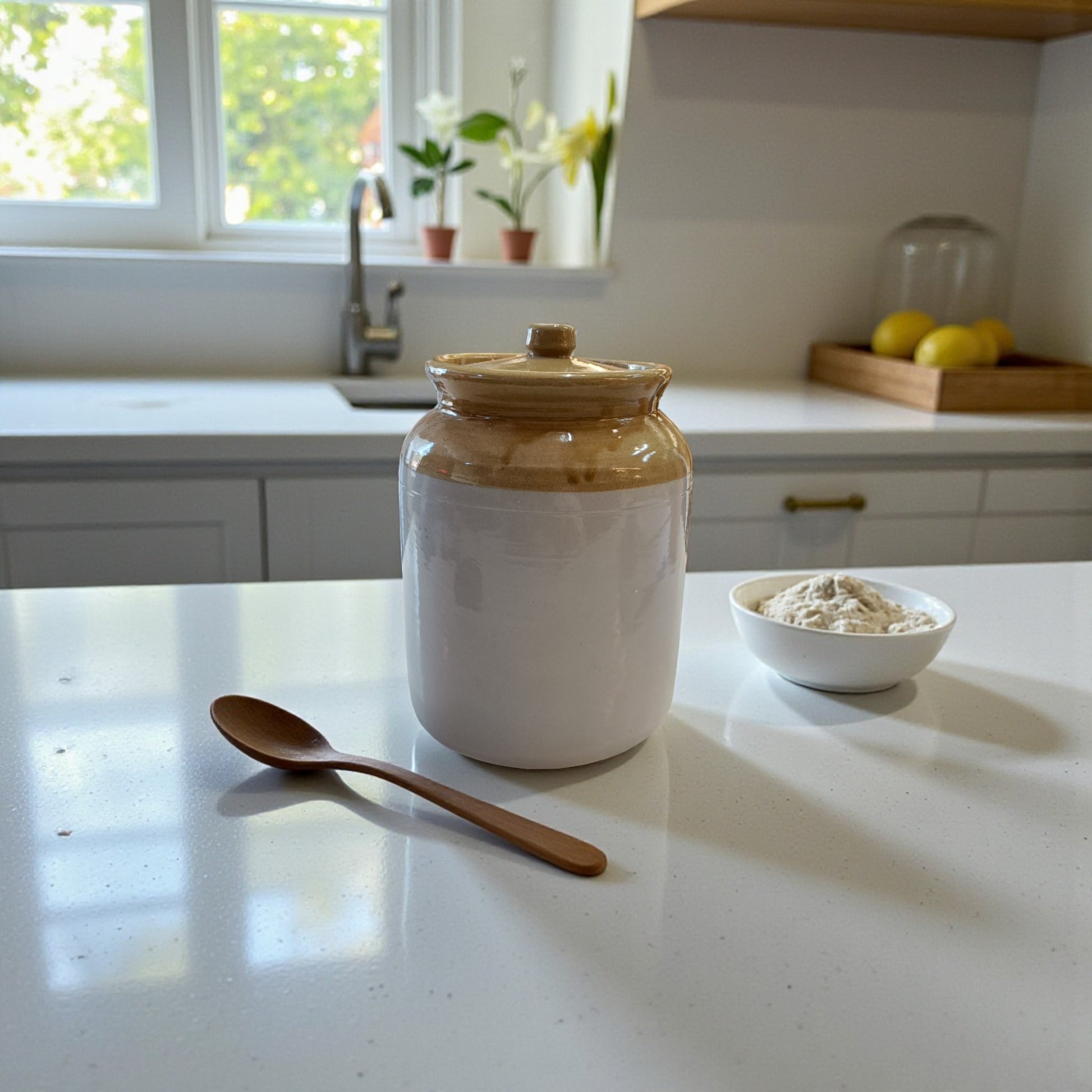 White ceramic jar with a wooden lid on a kitchen counter, accompanied by a wooden spoon and a small bowl of content.