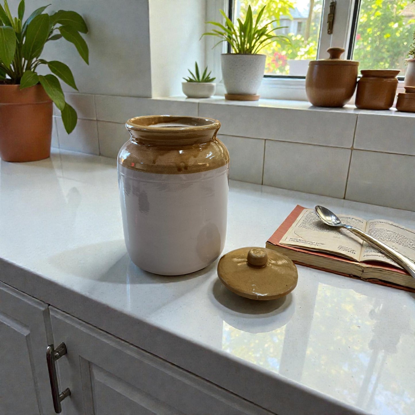 Rustic Charm Ceramic Pickle Jar with Lid – Dual Tone Brown & White 1900ML