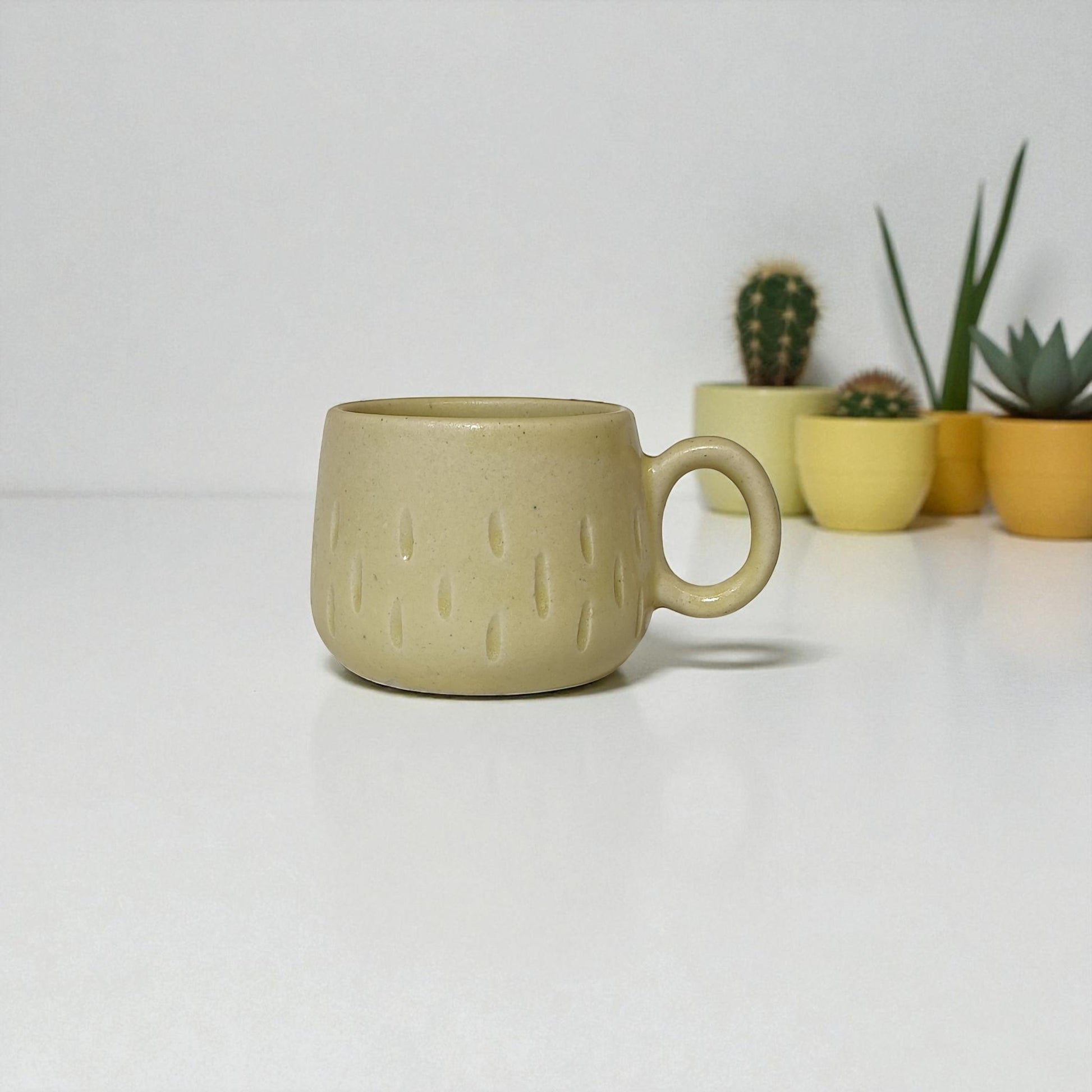 Beige ceramic mug with textured surface on a white background with potted plants.