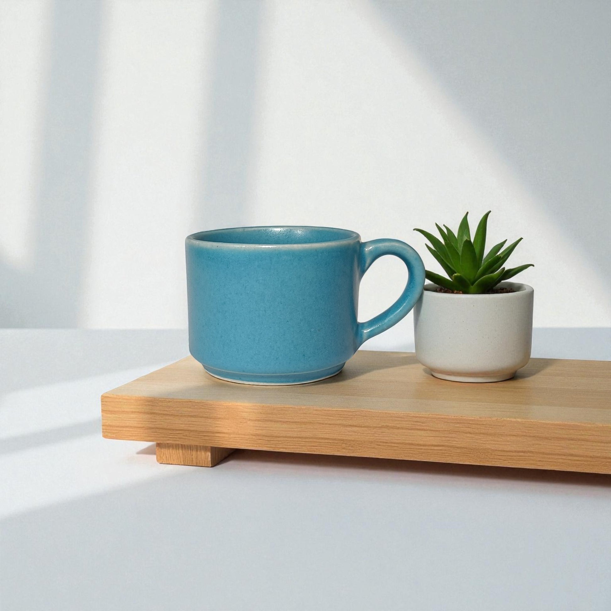 Blue mug and small potted plant on a wooden tray with a white background