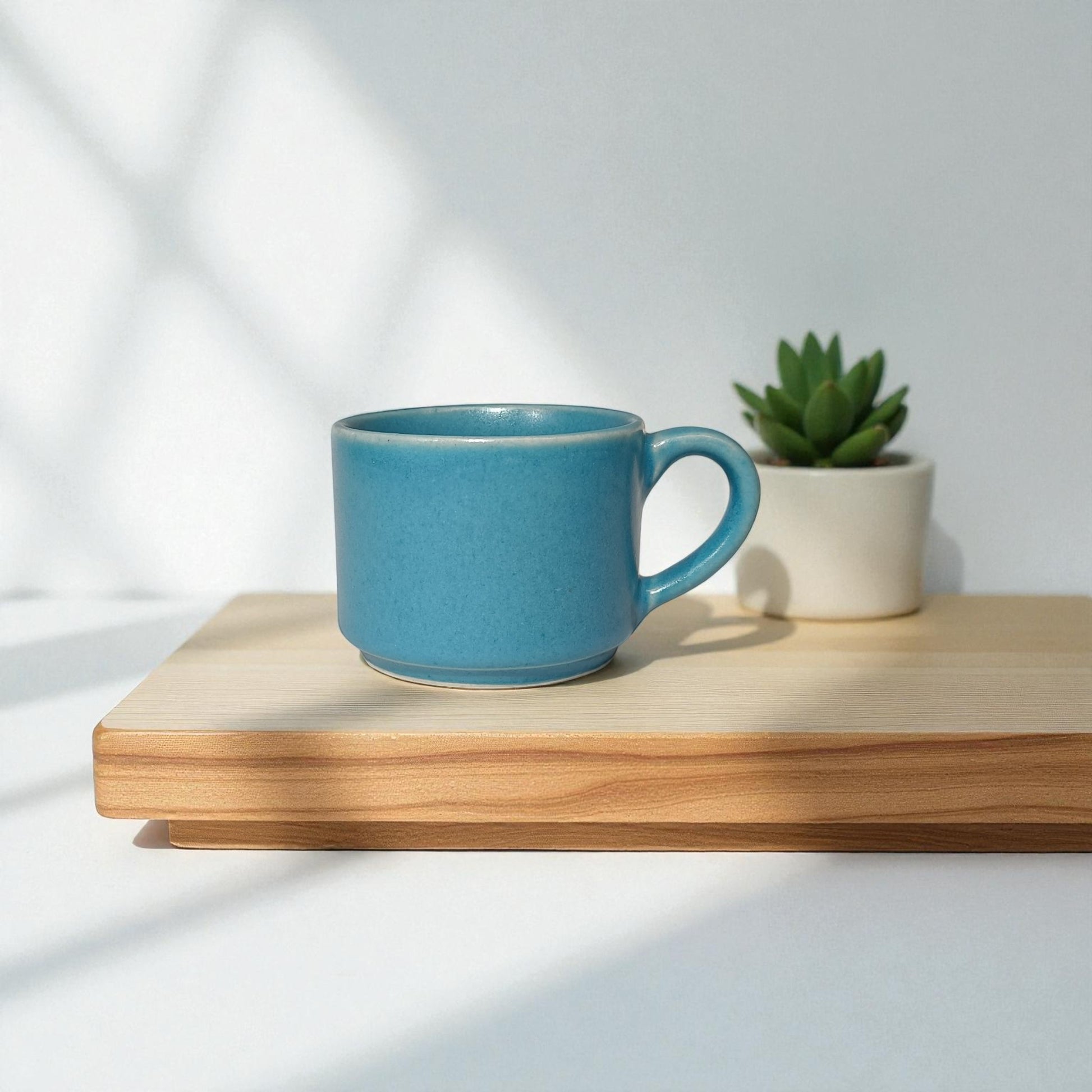 Blue mug on a wooden shelf with a plant in the background