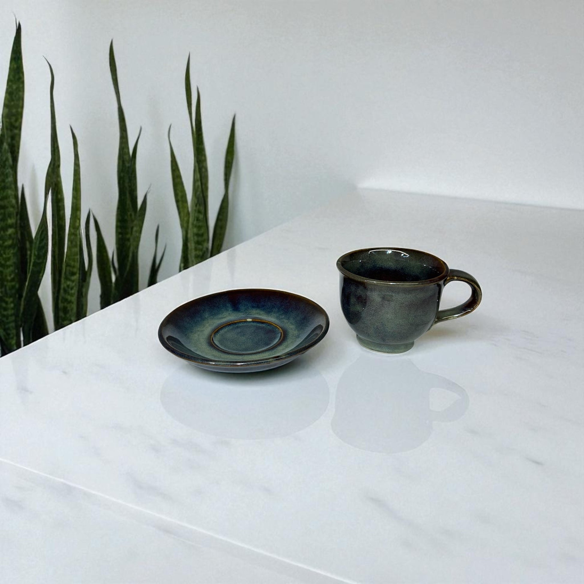 Ceramic cup and saucer on a white surface with a plant in the background