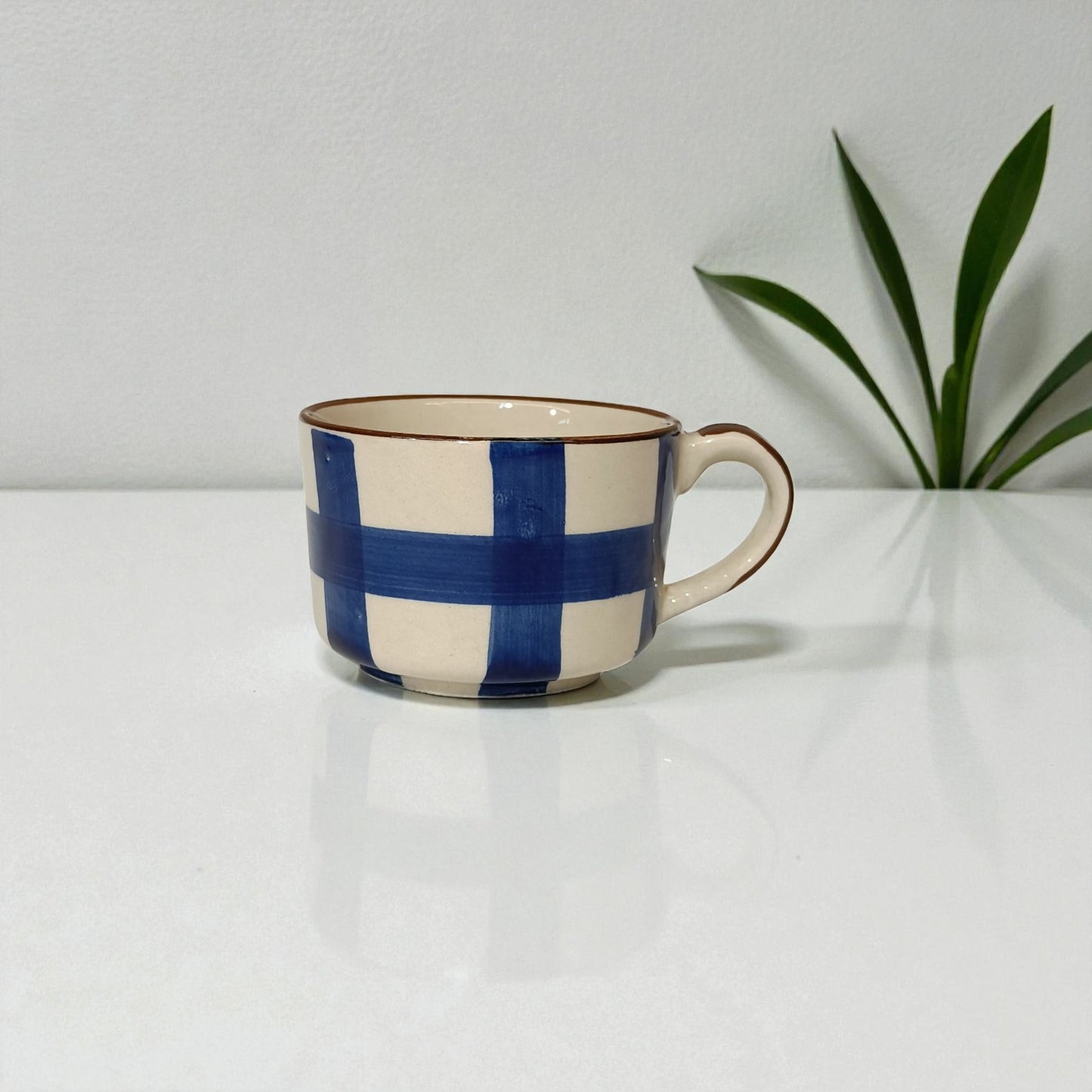 Ceramic mug with blue and beige checkered pattern on a white surface with a plant in the background