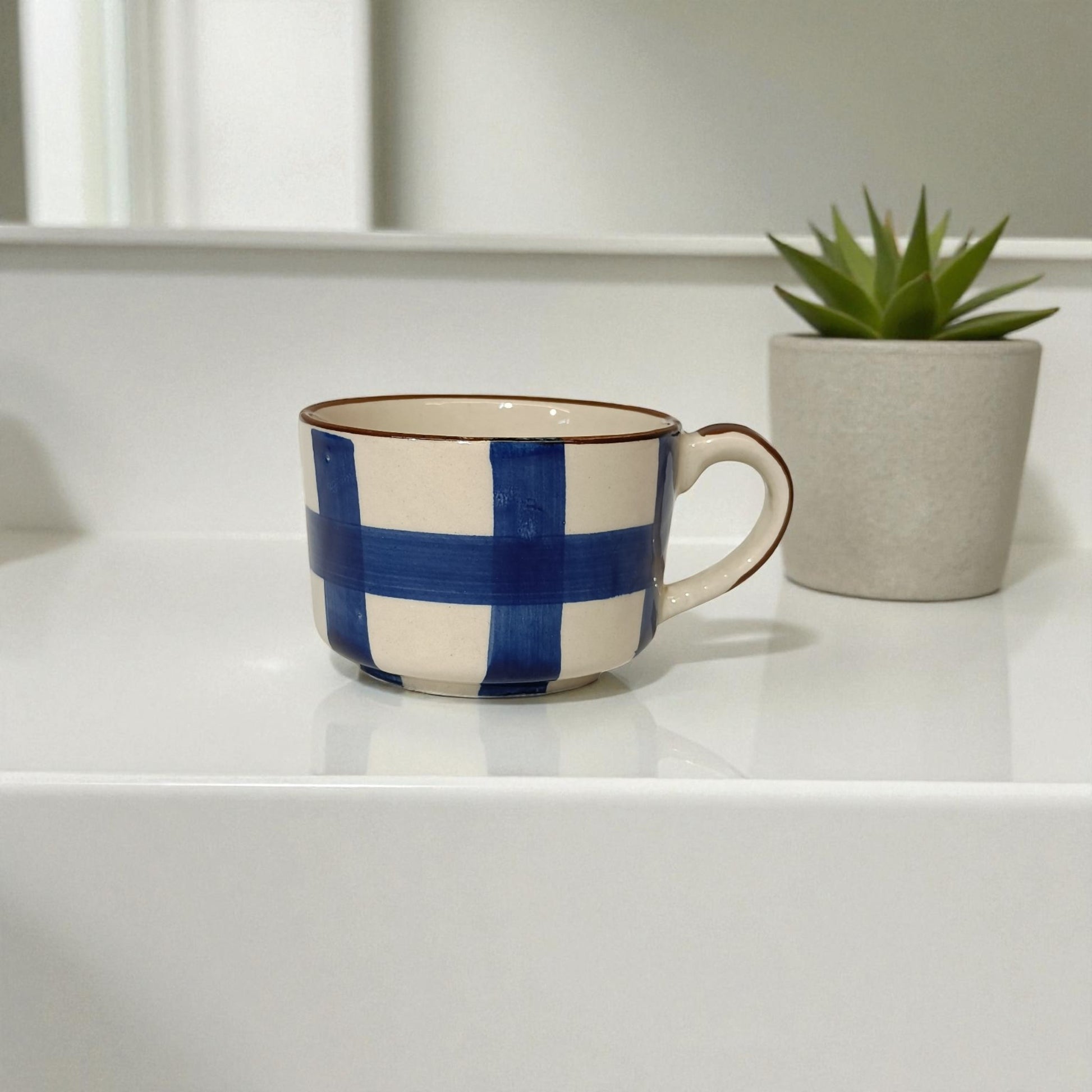 Ceramic mug with blue and white checkered pattern on a white surface with a plant in the background.