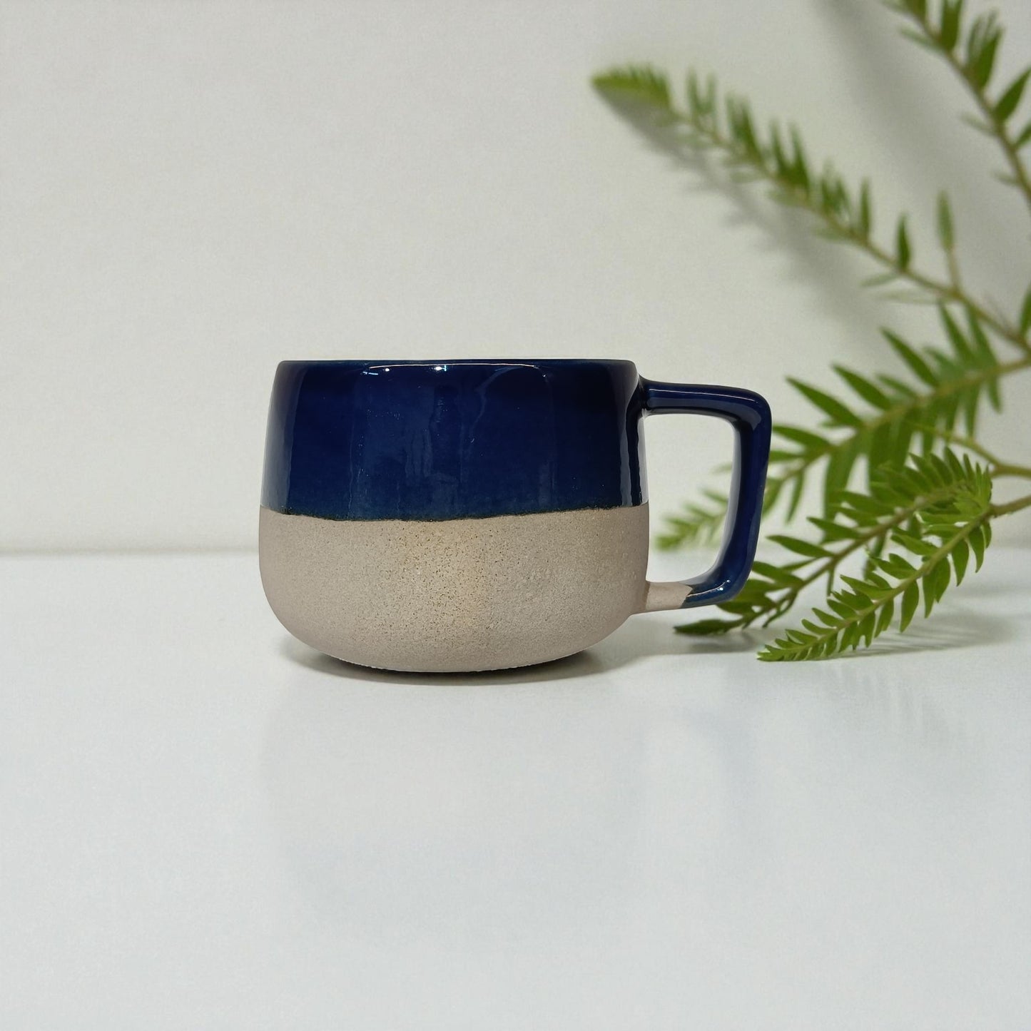 Ceramic mug with blue top and beige bottom on a white background with a plant.