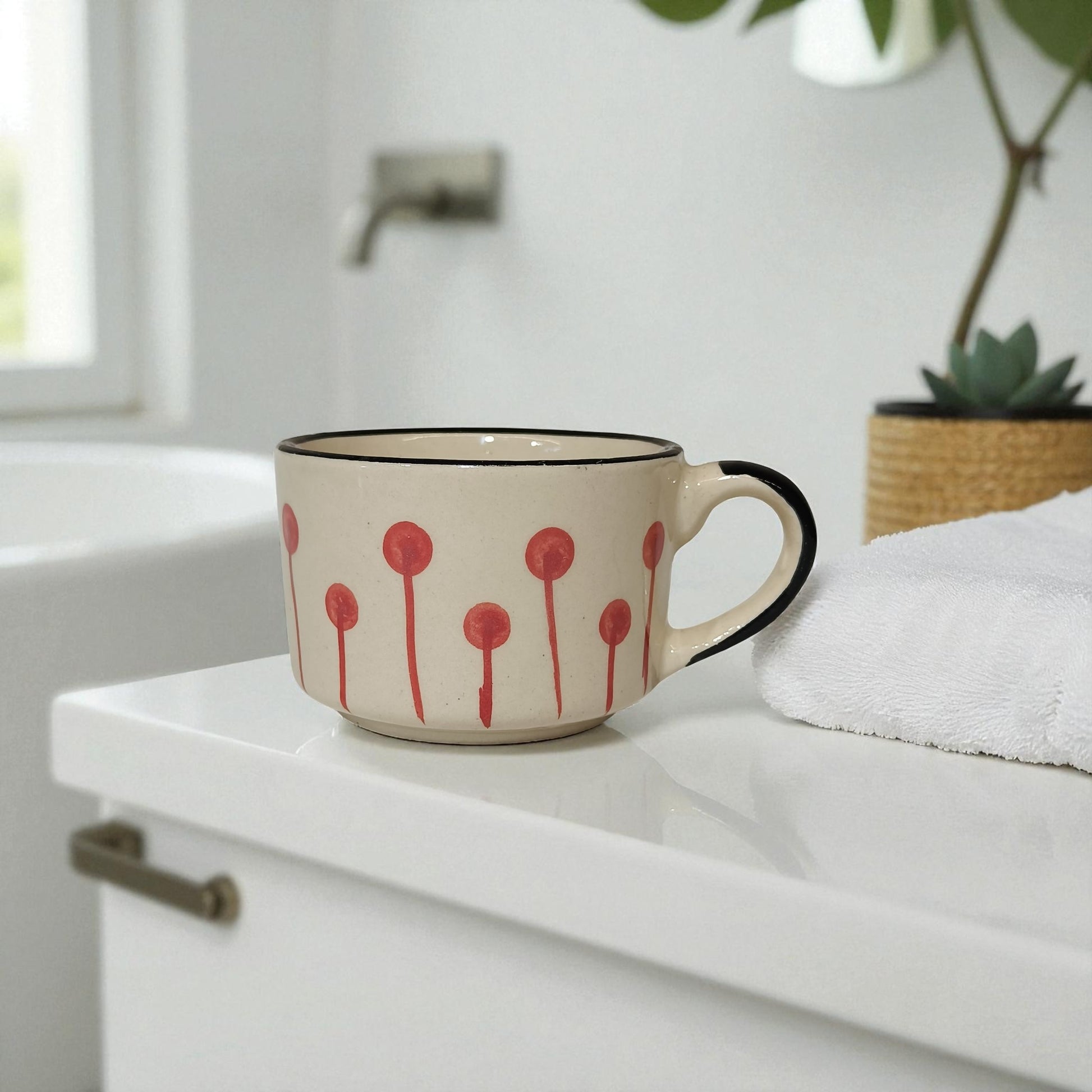 Ceramic mug with red floral design on a white surface, possibly a bathroom counter.