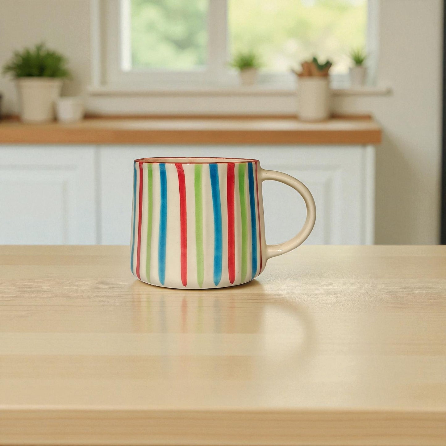 Colorful striped mug on a wooden table with a kitchen background