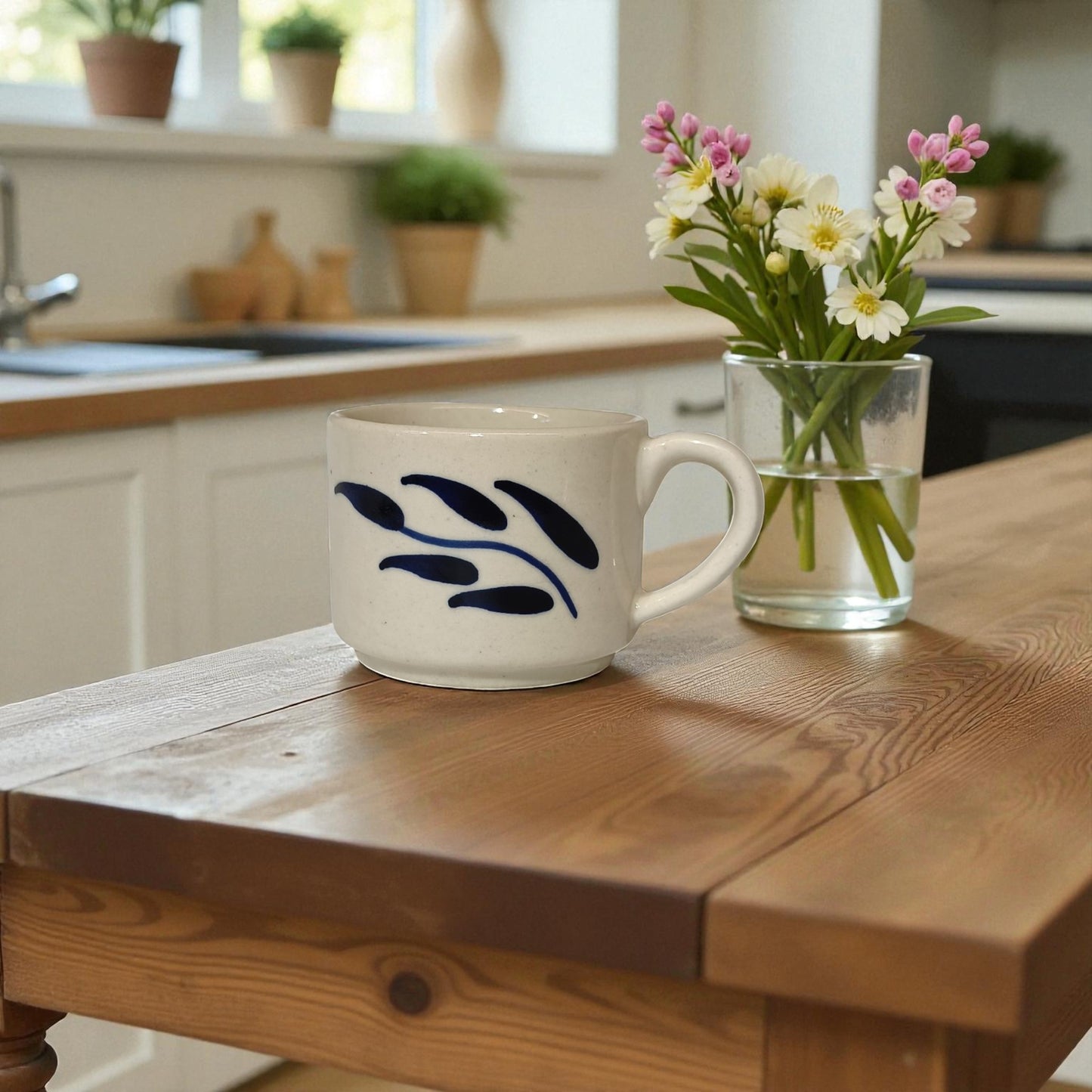 Mug with blue leaf design on a wooden table in a kitchen setting