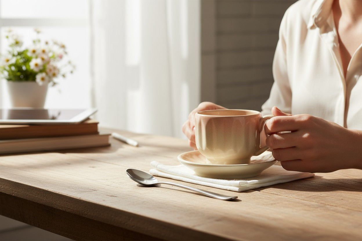 Person holding a mug on a wooden table with a blurred background