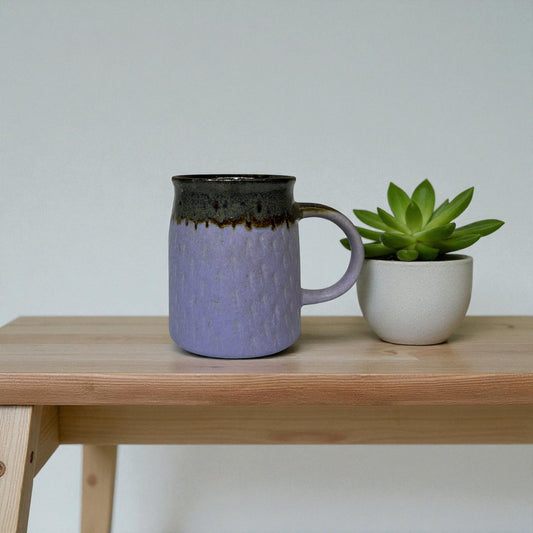 Purple mug with black rim on a wooden table next to a small potted plant.