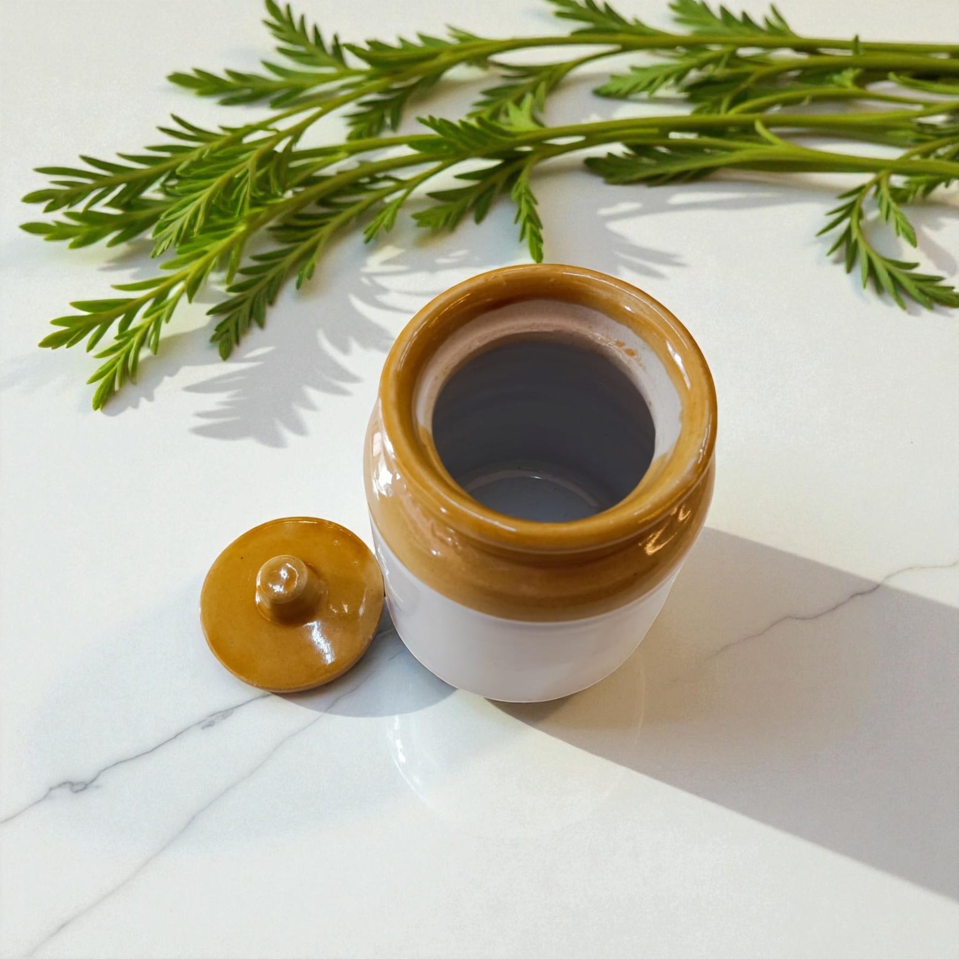 Small white jar with a brown lid on a marble surface with green leaves in the background