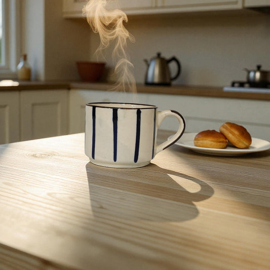 Steaming mug on a kitchen counter with buns in the background