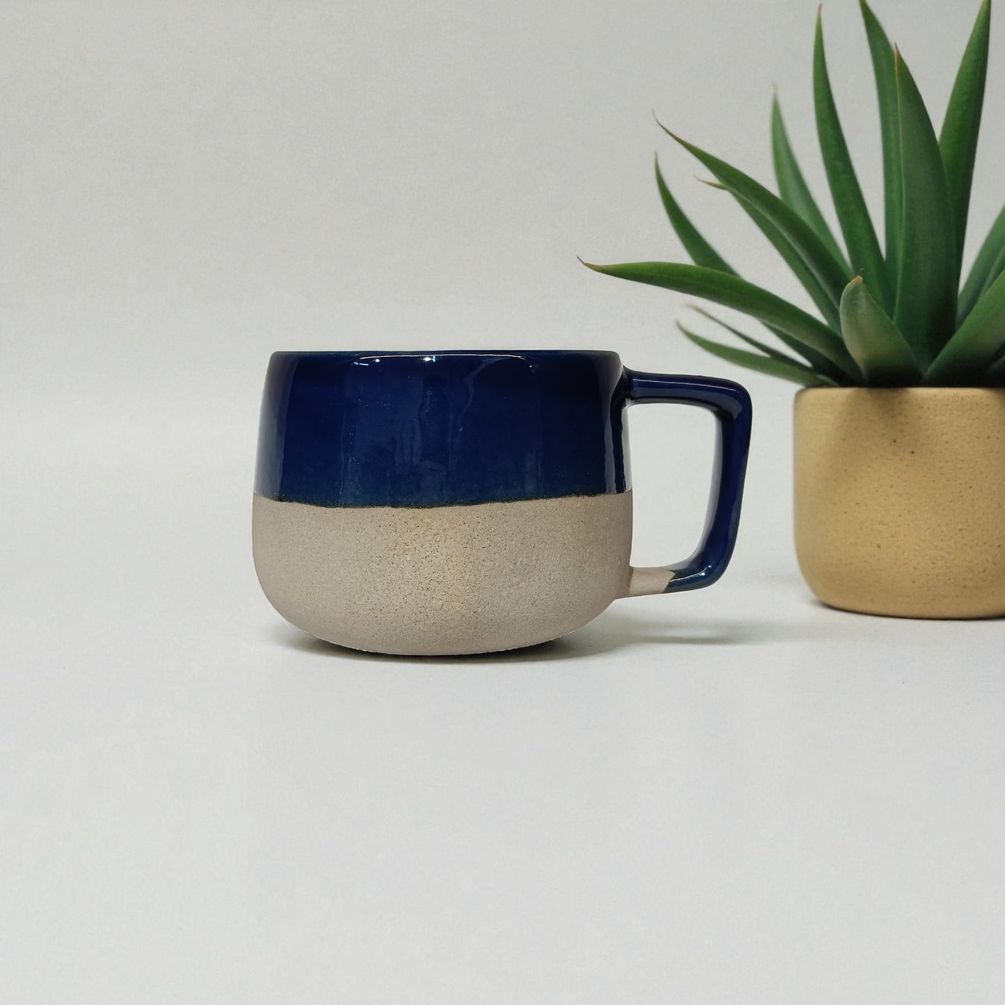 Two-tone ceramic mug with a plant on a light gray background