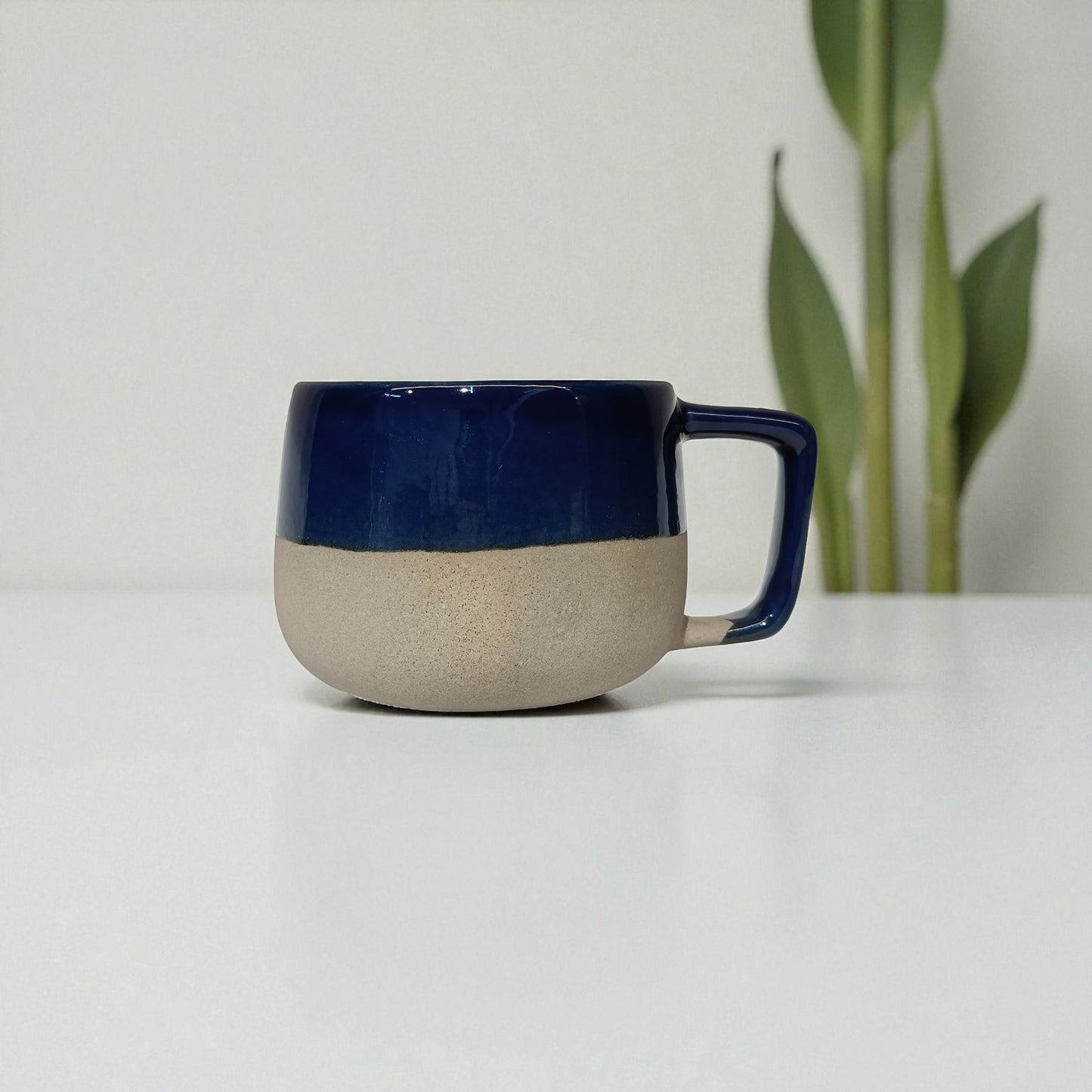 Two-toned ceramic mug with blue top and beige bottom on a white surface with a plant in the background.