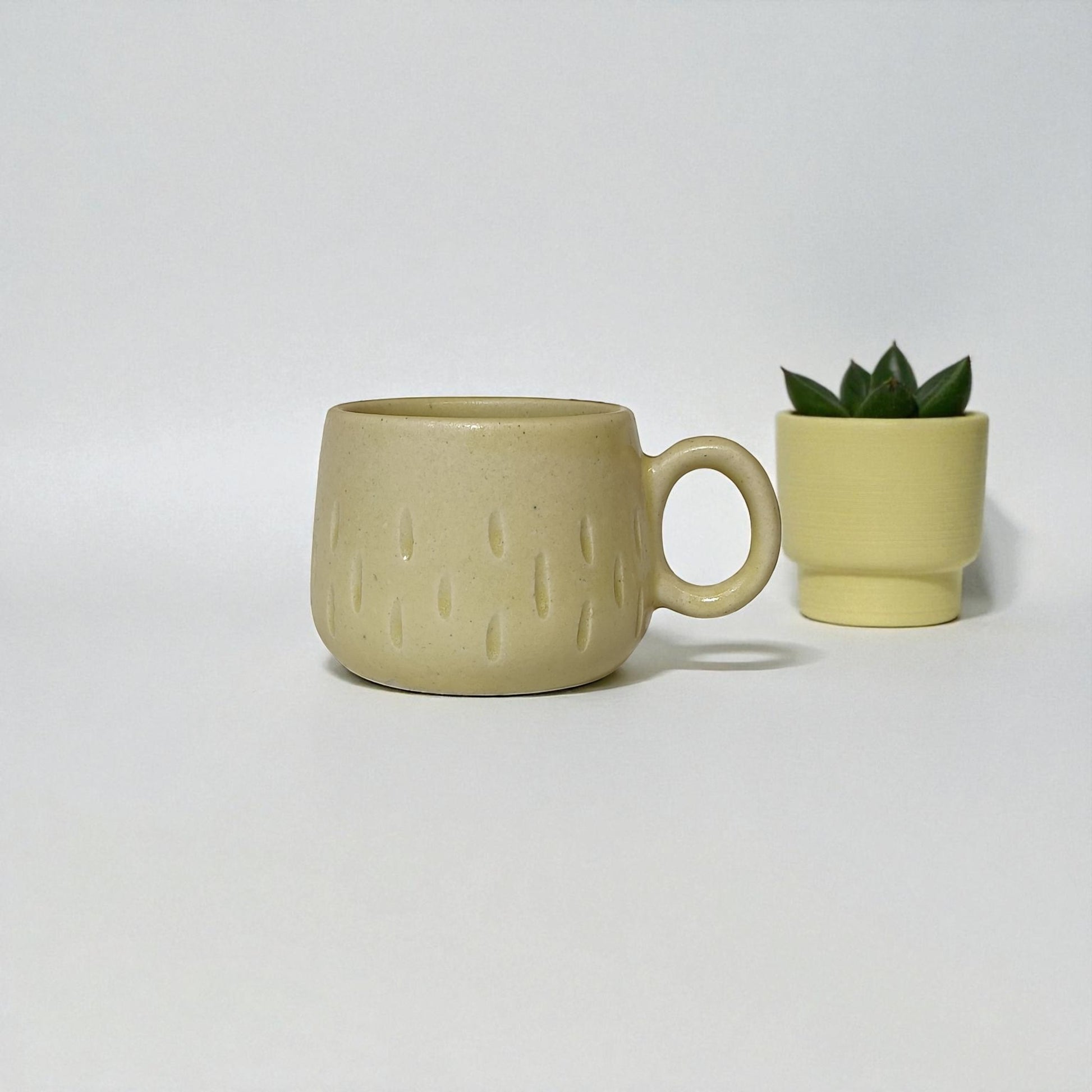 Two ceramic items, a mug and a small pot with a plant, on a light gray background.