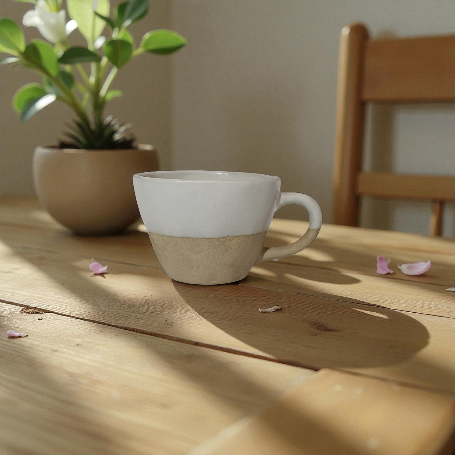 White ceramic cup on a wooden table with a plant in the background