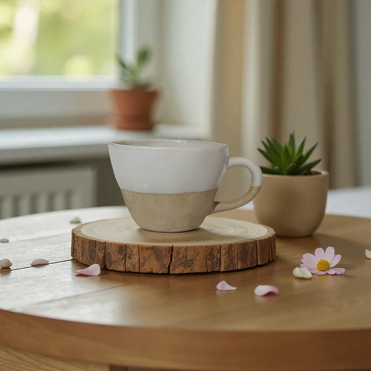 White ceramic mug on a wooden coaster with decorative flowers on a wooden table.